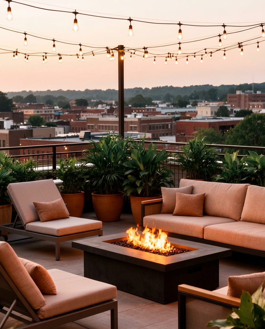 Rooftop lounge at twilight with string lights and fire pit overlooking downtown Hickory